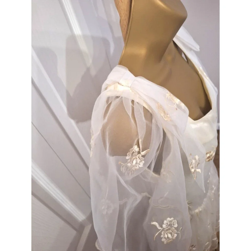 Cream Formal Midi Tea Dress Med Chiffon Bows Sheer Layer Fit Flare Cottage Fairy